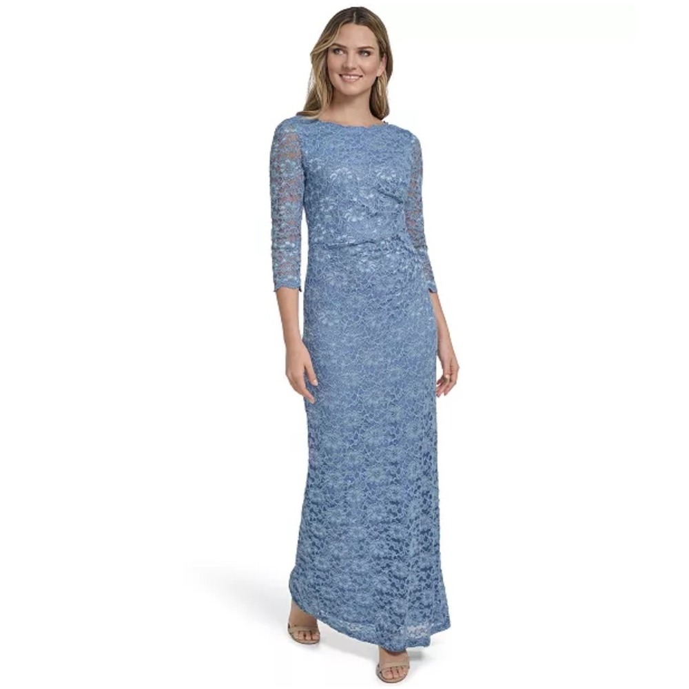 Jessica Howard Blue Metallic Floral Lace Gown 3/4 Sleeve Maxi Dress 22W NEW